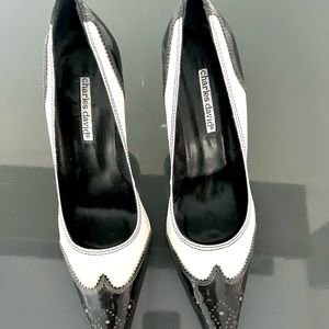 Charles Davis Black patent Leather and White Leather Heels